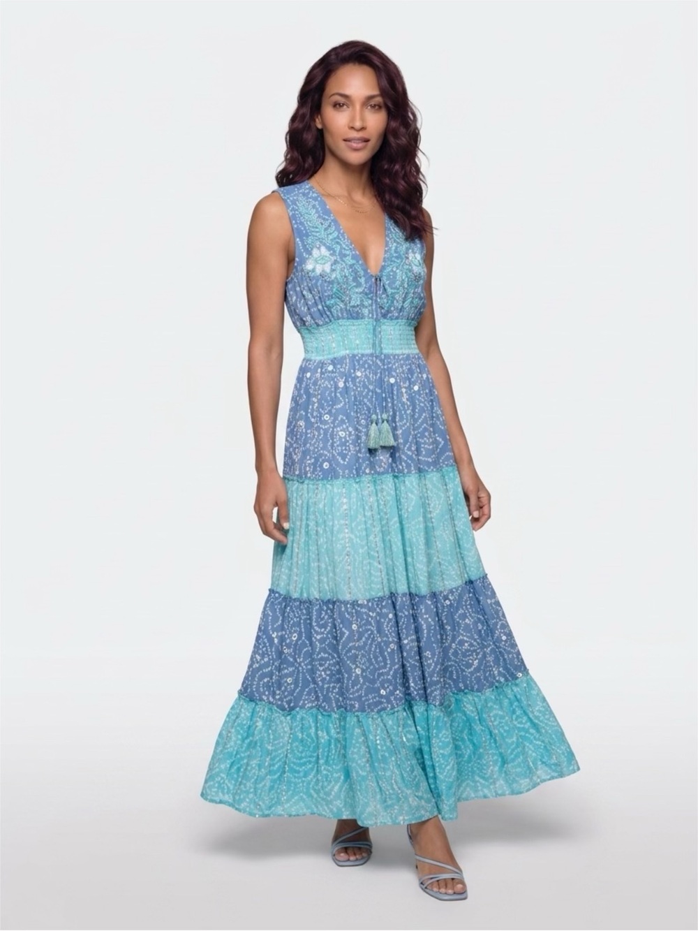 Gorgeous Ananta Tiered Beaded  V-Neck Maxi Dress in Blue & Aqua